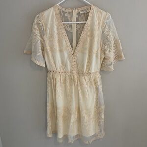 Bella Ella Boho Lace Embroidered Sheer Mini Dress.